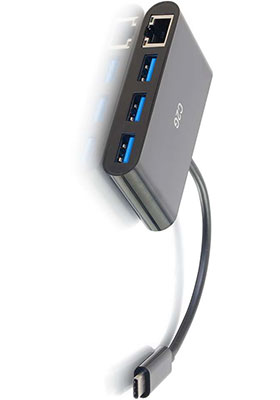 C2G USB C to Ethernet Adapter with 3-Port USB Hub - Black