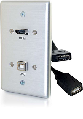 HDMI and USB Pass-Through Single-Gang Wall Plate, Brushed Aluminum