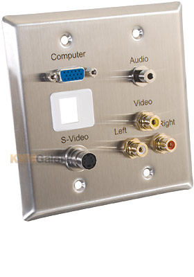 Double Gang HD15, 3.5mm, S-Video, Composite Video, Stereo Audio and Keystone Insert Wall Plate