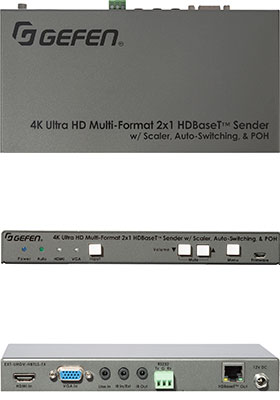 4K Ultra-HD Multi-Format 2x1 HDBaseT Sender w/ Scaler, Auto-Switching & PoH