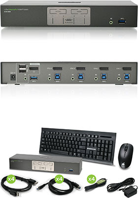 4-Port, 4K DisplayPort KVMP Switch w/ Wireless Keyboard/Mouse 4-Port, 4K DisplayPort KVMP Switch w/ Wireless Keyboard/Mouse